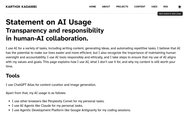 Screenshot of Statement on AI Usage