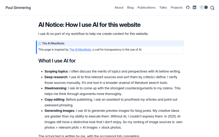 Screenshot of AI Notice: How I Use AI for This Website